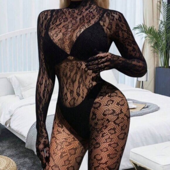 Black Leopard Pattern Long-Sleeve Full Body Fishnet Bodysuit - Picture 1 of 10